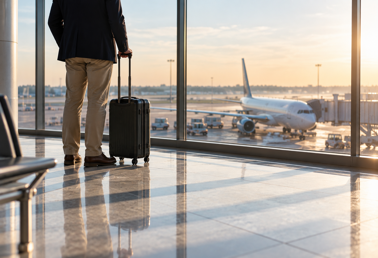 Ein Geschäftsmann mit Business-Koffer steht in einem Flughafenterminal und schaut durch ein Panorama-Fenster über das Flugfeld im Sonnenuntergang