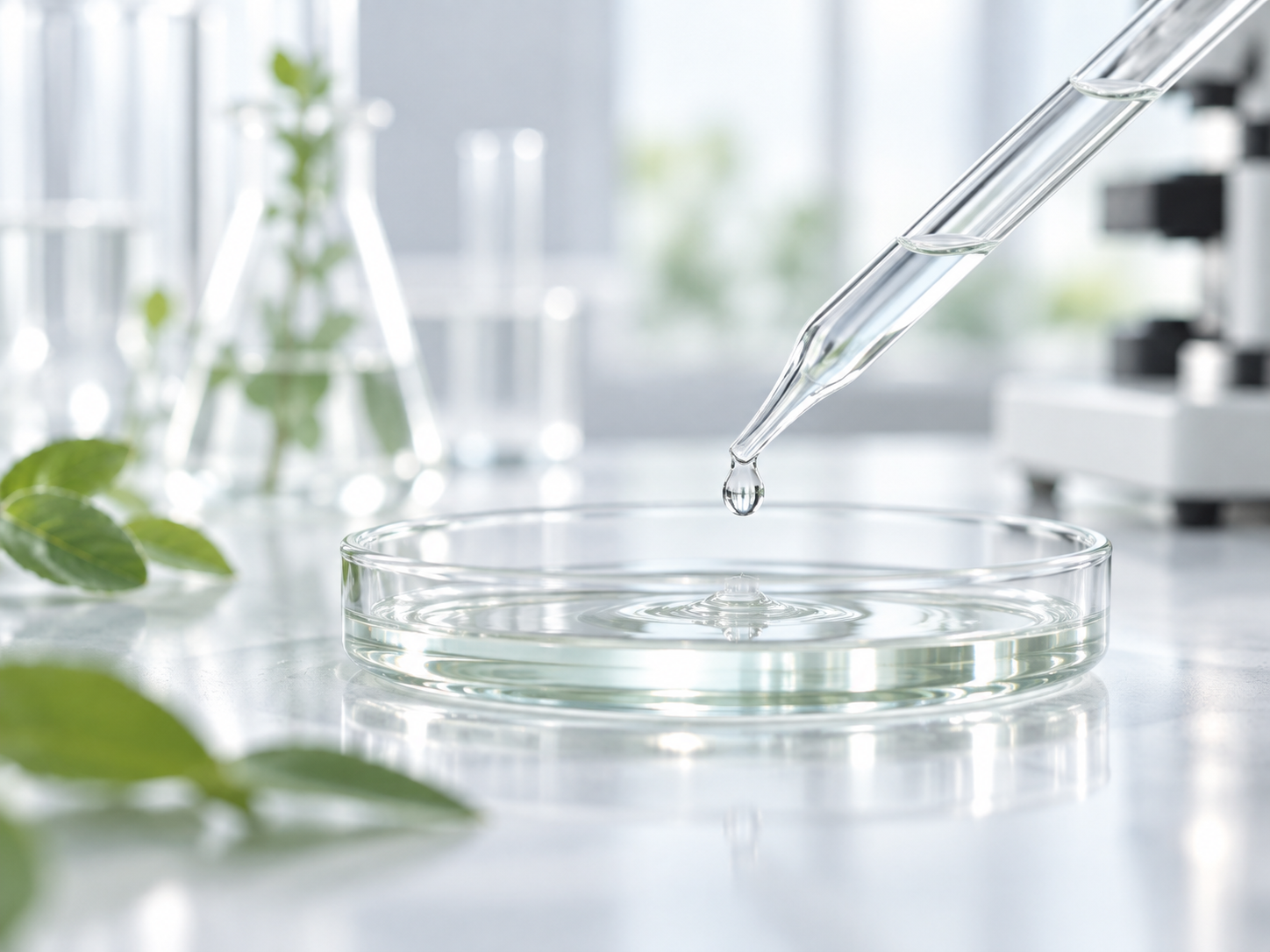 Großaufnahme einer Pipette und Petrischale mit einer durchsichtigen Flüssigkeit in einem hellen Labor.