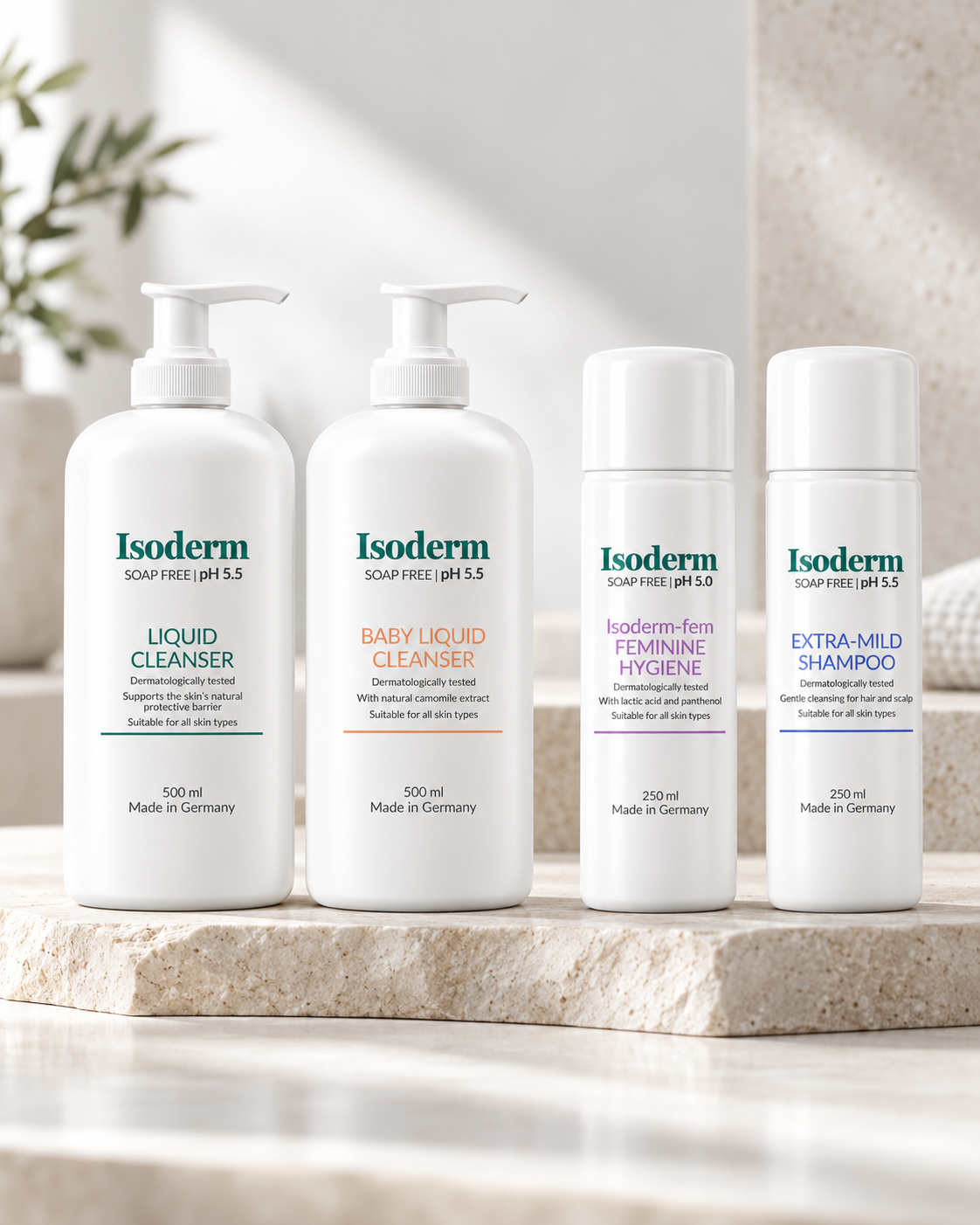 Verschiedene Isoderm Produkte auf einer hellen Fläche arrangiert