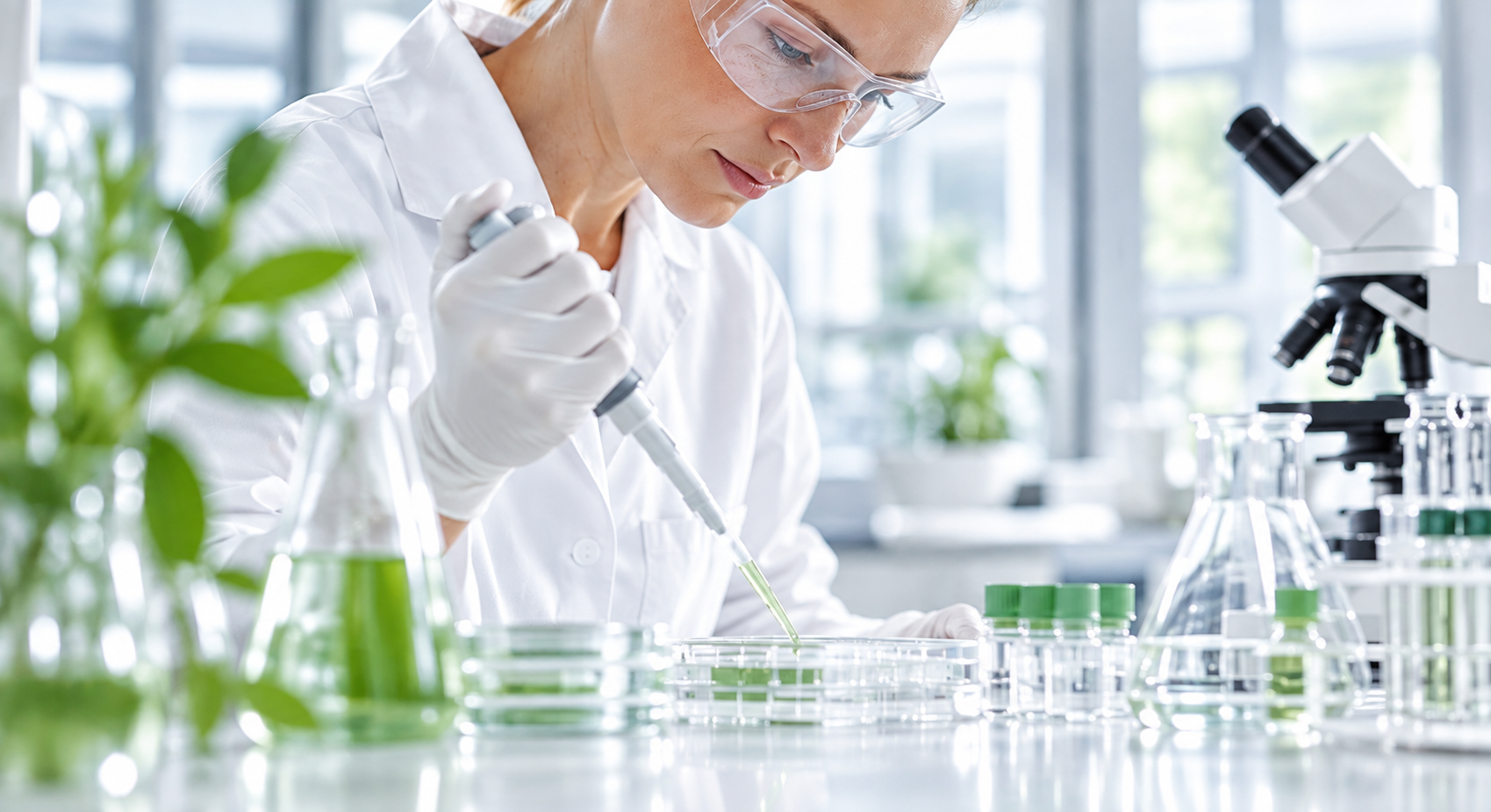 Eine Wissenaftlerin mit weißem Labor-Kittel hantiert mit Pipette und Petrischalen in einem hellen Labor.